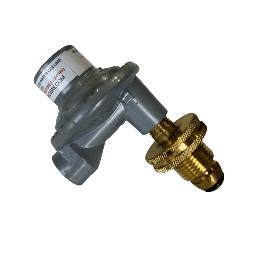 A metal valve with a brass fitting and a white label on top.