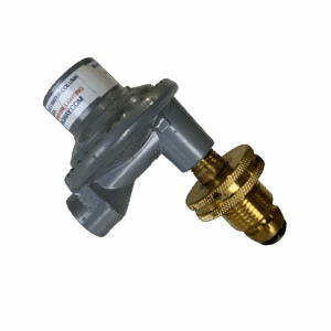 A metal valve with a brass fitting and a white label on top.