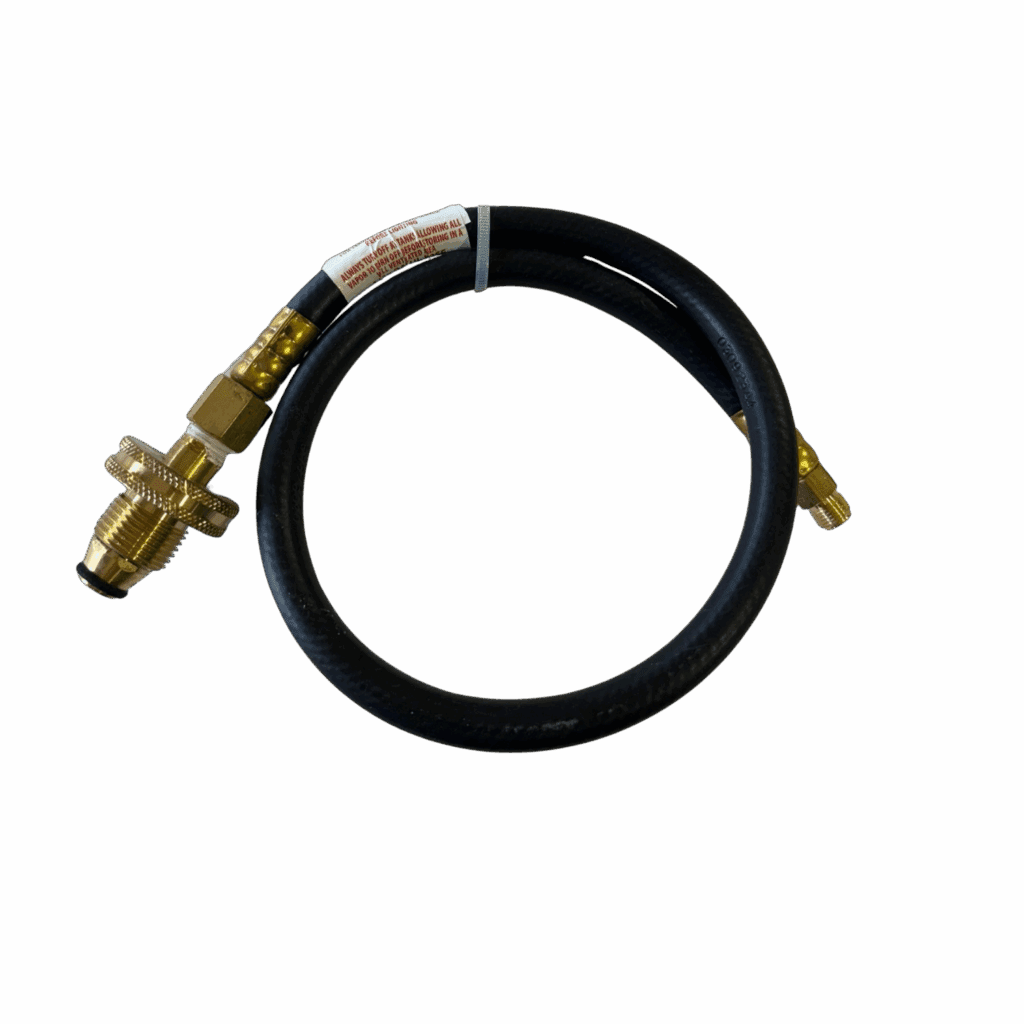 A coiled black rubber hose with brass fittings on both ends.