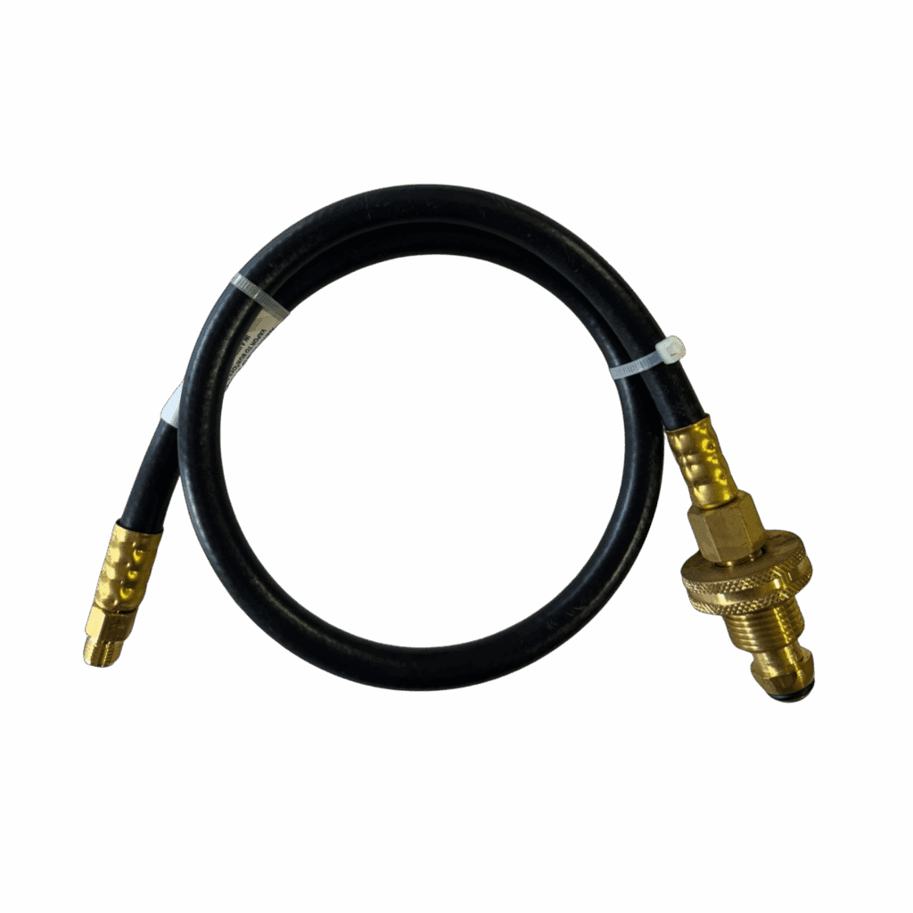 A black flexible hose with brass fittings on both ends.
