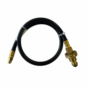 A black flexible hose with brass fittings on both ends.