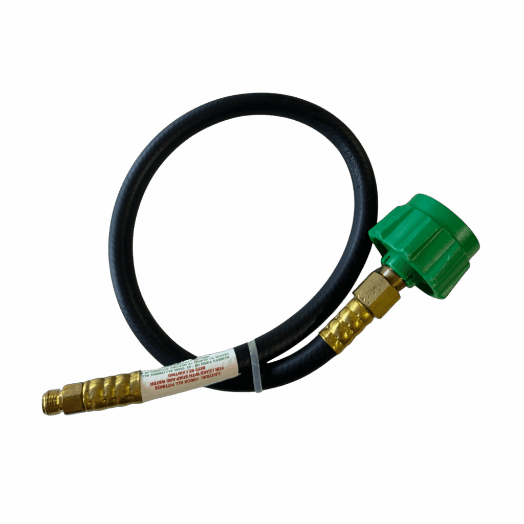 A flexible gas hose with brass fittings and a green valve knob.