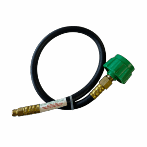 A flexible gas hose with brass fittings and a green valve knob.