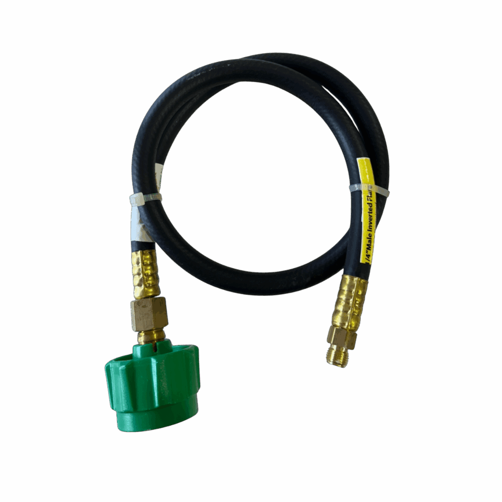 Flexible black hose with brass fittings and a green nozzle attachment.