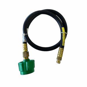 Flexible black hose with brass fittings and a green nozzle attachment.