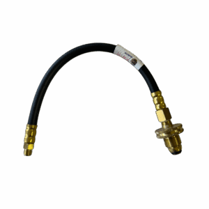 Flexible hose with brass fittings and a valve.