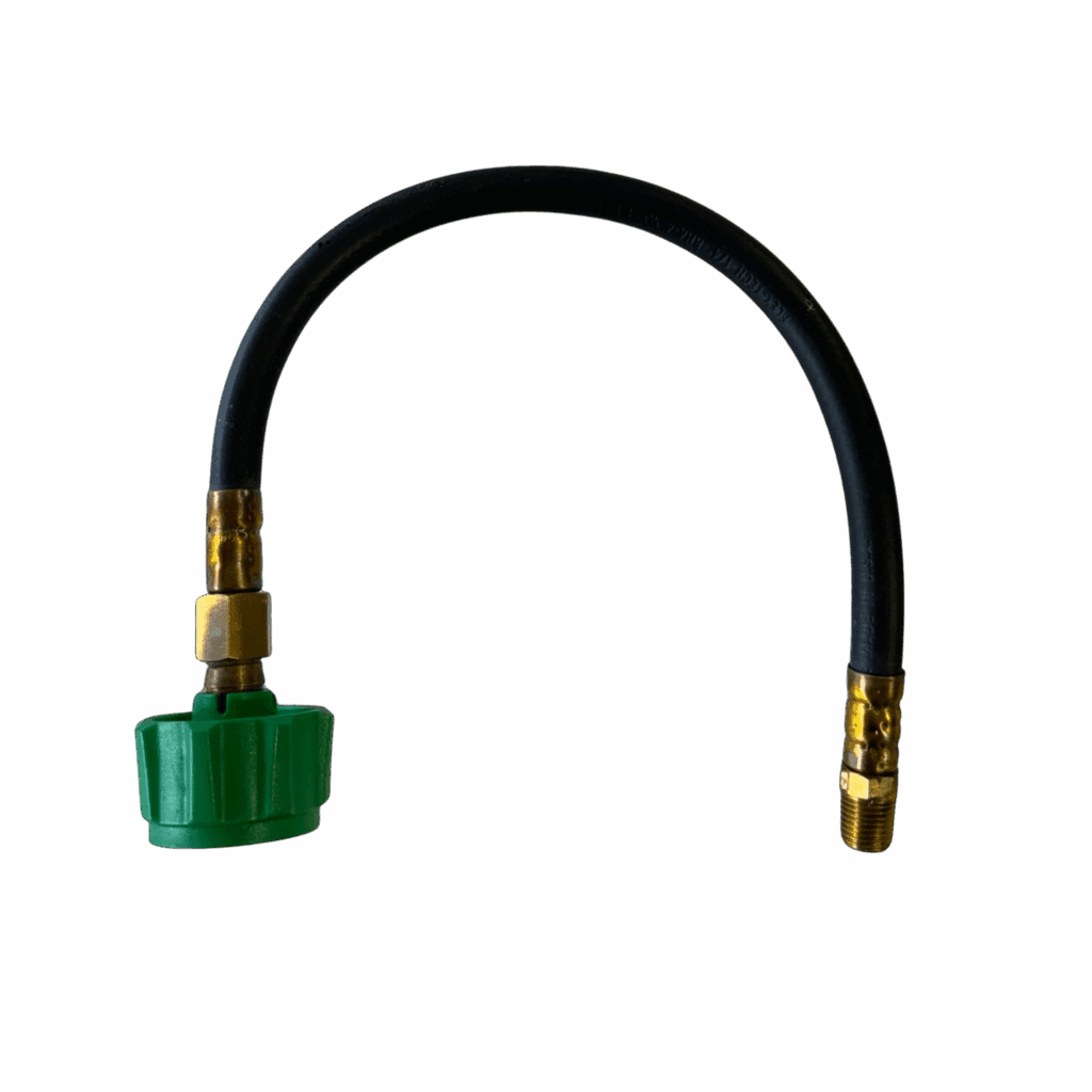 Flexible hose with brass fittings and a green valve handle.