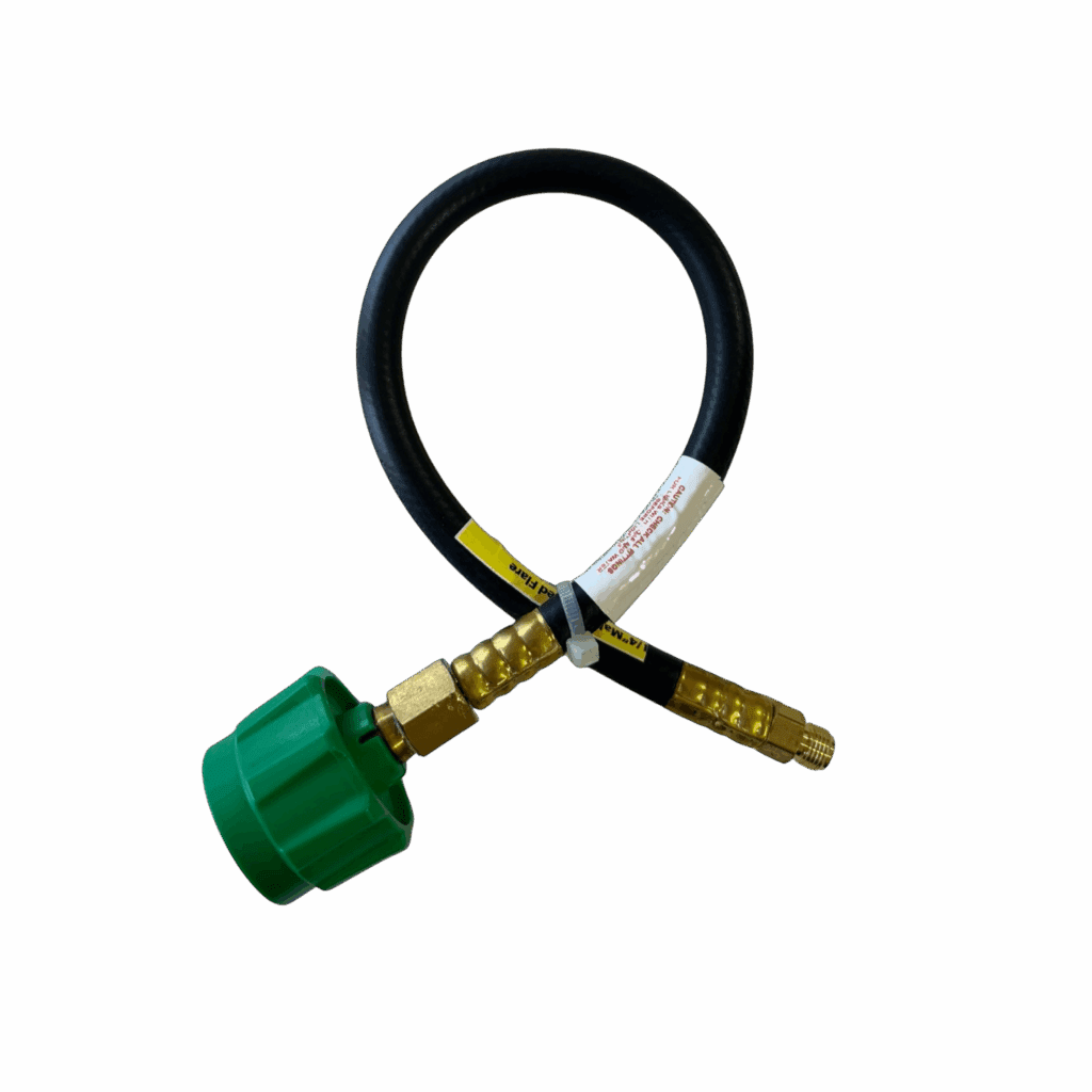 A flexible hose with brass fittings and a green plastic cap.