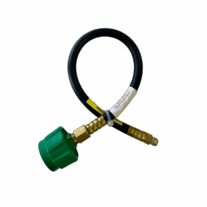 A flexible hose with brass fittings and a green plastic cap.