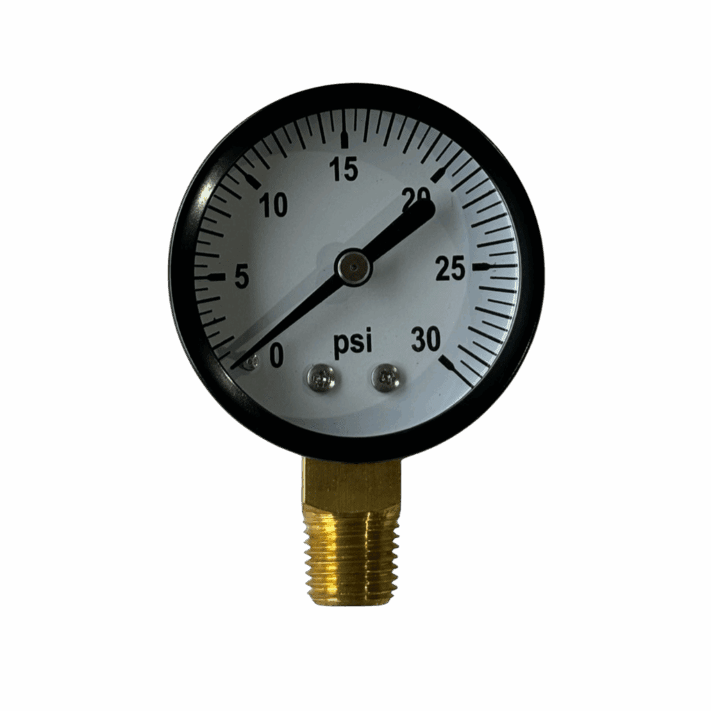 A pressure gauge measuring up to 30 psi with a needle at 25 psi.