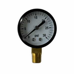 A pressure gauge measuring up to 30 psi with a needle at 25 psi.