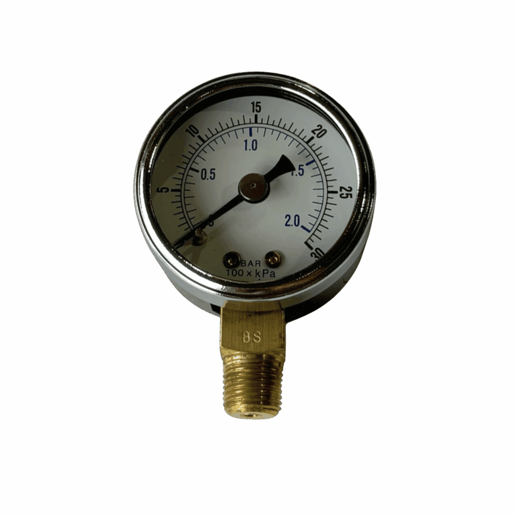 A round pressure gauge with a brass connector and needle indicator.