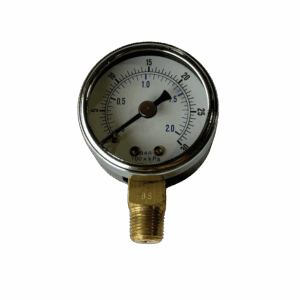 A round pressure gauge with a brass connector and needle indicator.