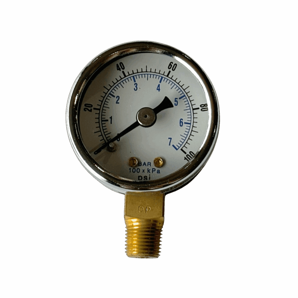 A round pressure gauge with a needle and brass connector.
