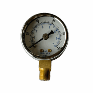 A round pressure gauge with a needle and brass connector.