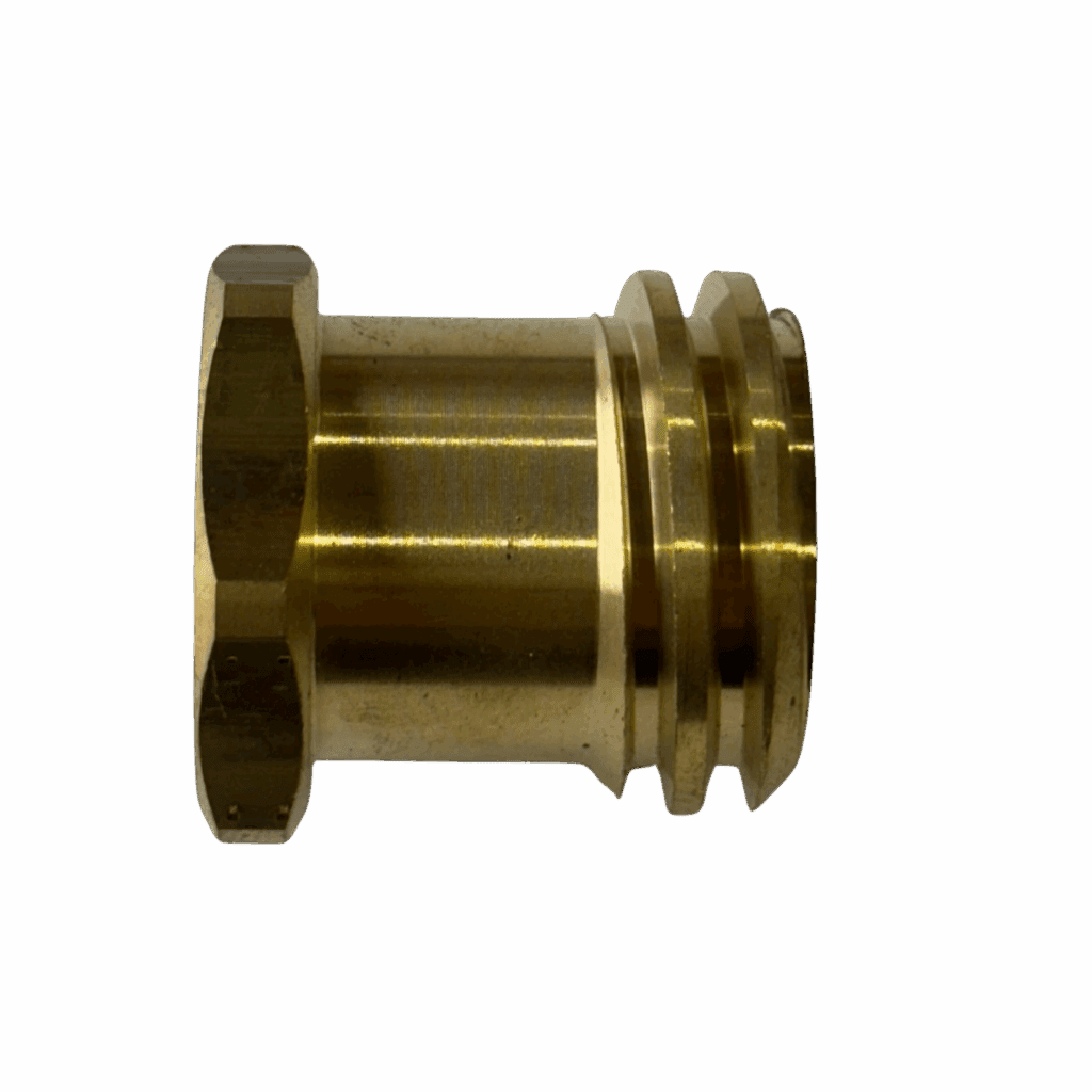 A small brass mechanical component with grooves and a flange.