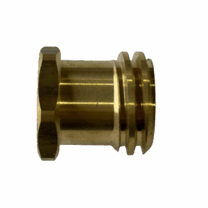 A small brass mechanical component with grooves and a flange.