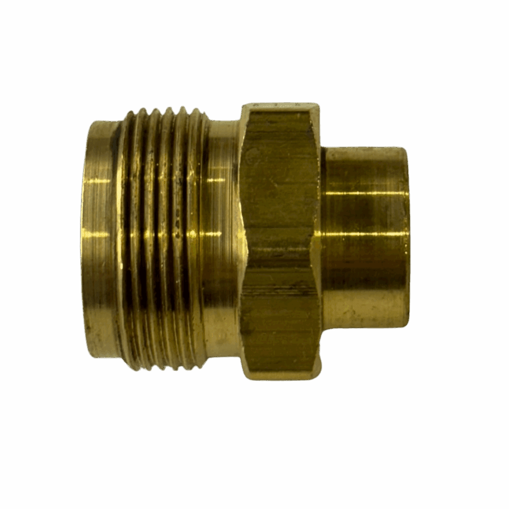 Brass pipe fitting with threaded ends for plumbing connections.