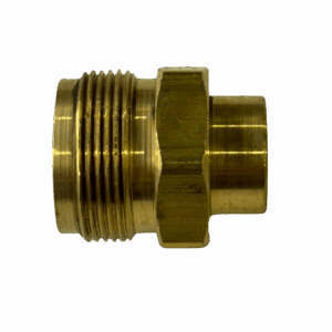 Brass pipe fitting with threaded ends for plumbing connections.