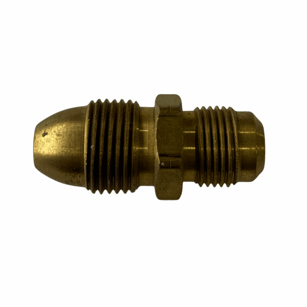 A metallic nozzle or fitting with a threaded end.