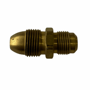 A metallic nozzle or fitting with a threaded end.
