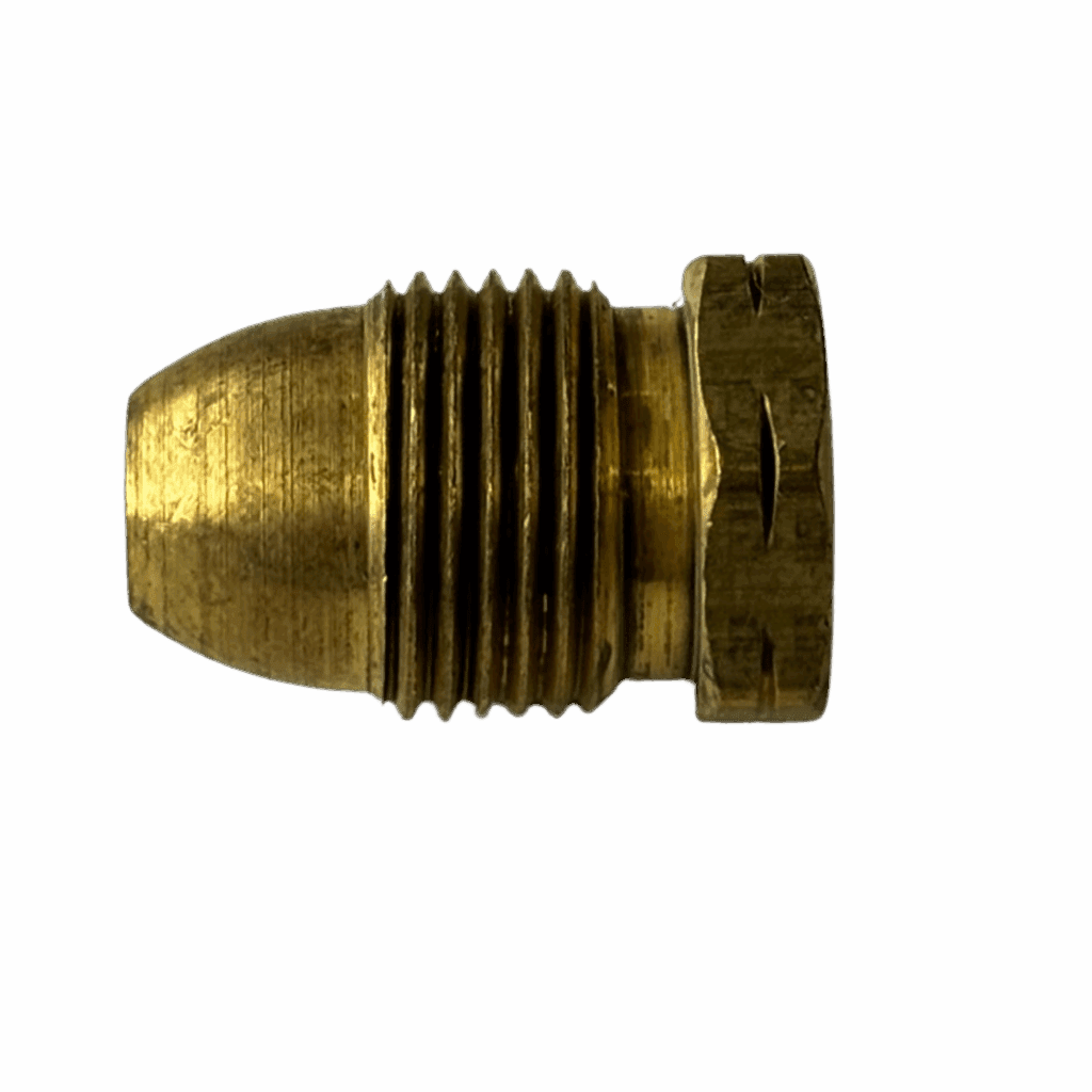 Close-up of a brass bullet-shaped object with ridges.