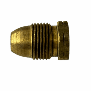 Close-up of a brass bullet-shaped object with ridges.
