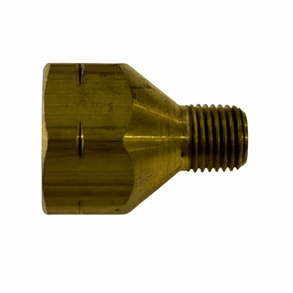 Close-up of a brass threaded fitting with a hexagonal body.