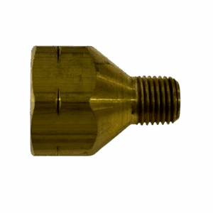 Close-up of a brass threaded fitting with a hexagonal body.