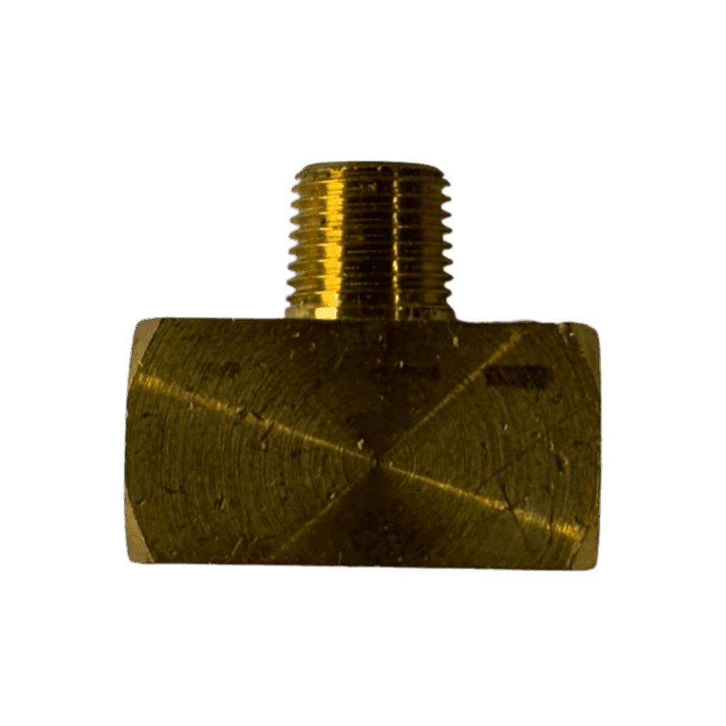 Brass T-shaped pipe fitting with threaded ends.