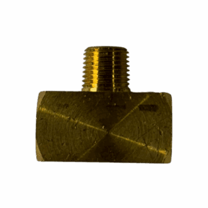 Brass T-shaped pipe fitting with threaded ends.
