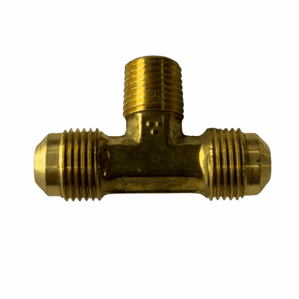 Brass T-shaped pipe fitting with threaded ends.