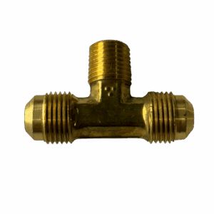 Brass T-shaped pipe fitting with threaded ends.
