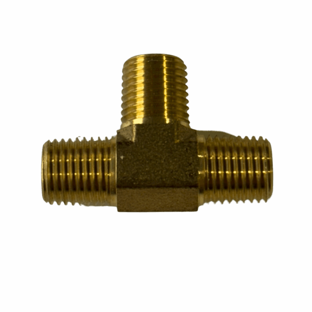 Brass T-shaped plumbing connector with three threaded ends.