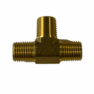 Brass T-shaped plumbing connector with three threaded ends.