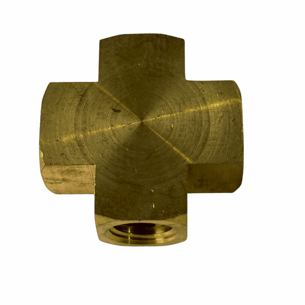 Brass cross-shaped plumbing connector fitting.