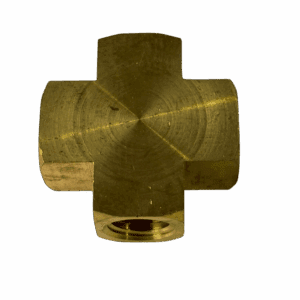 Brass cross-shaped plumbing connector fitting.