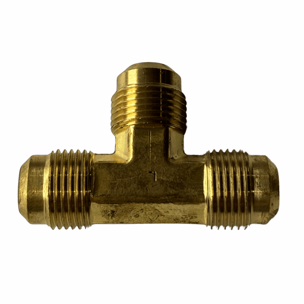 Brass T-shaped pipe fitting with threaded ends.