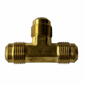 Brass T-shaped pipe fitting with threaded ends.
