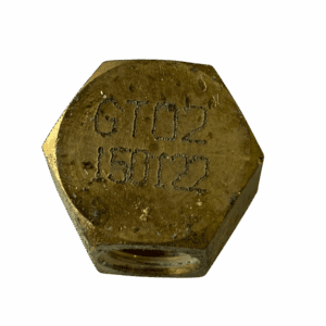 A rusty hexagonal bolt head with engraved numbers.