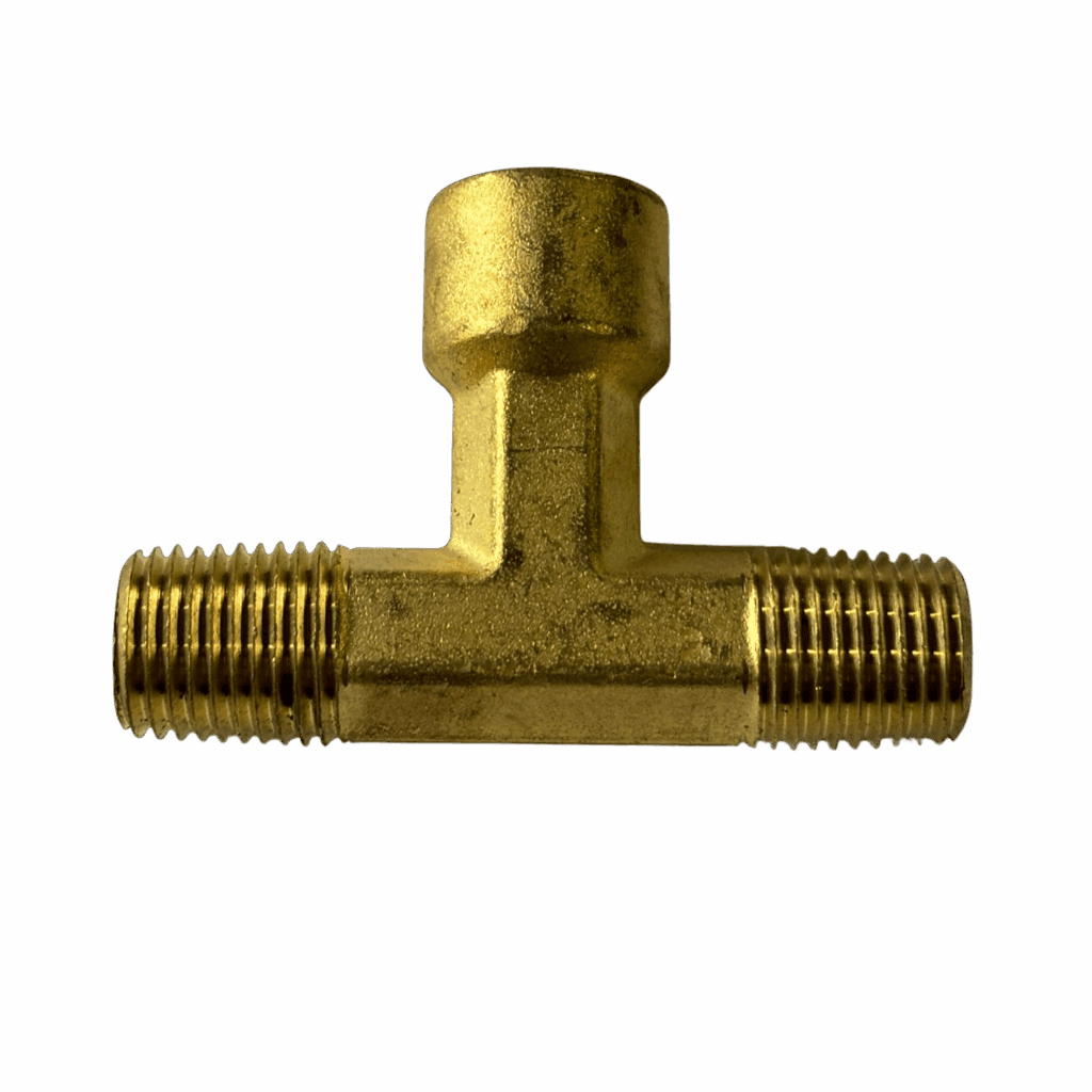 Brass T-shaped plumbing connector with threaded ends.