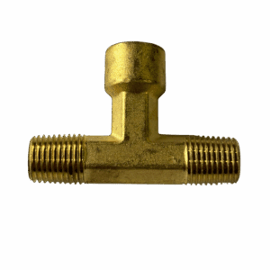 Brass T-shaped plumbing connector with threaded ends.