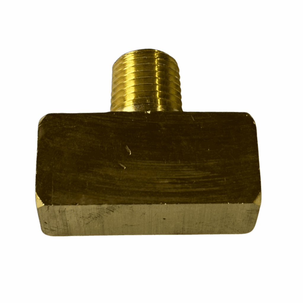 A brass T-shaped plumbing fitting with threaded ends.