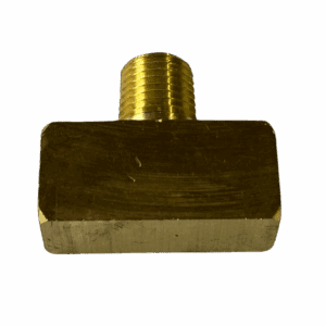 A brass T-shaped plumbing fitting with threaded ends.