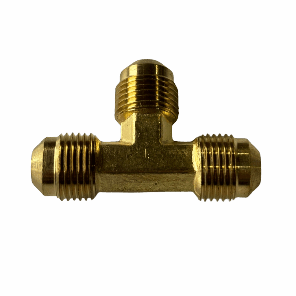 Brass T-shaped pipe fitting with threaded ends.