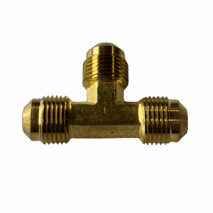 Brass T-shaped pipe fitting with threaded ends.