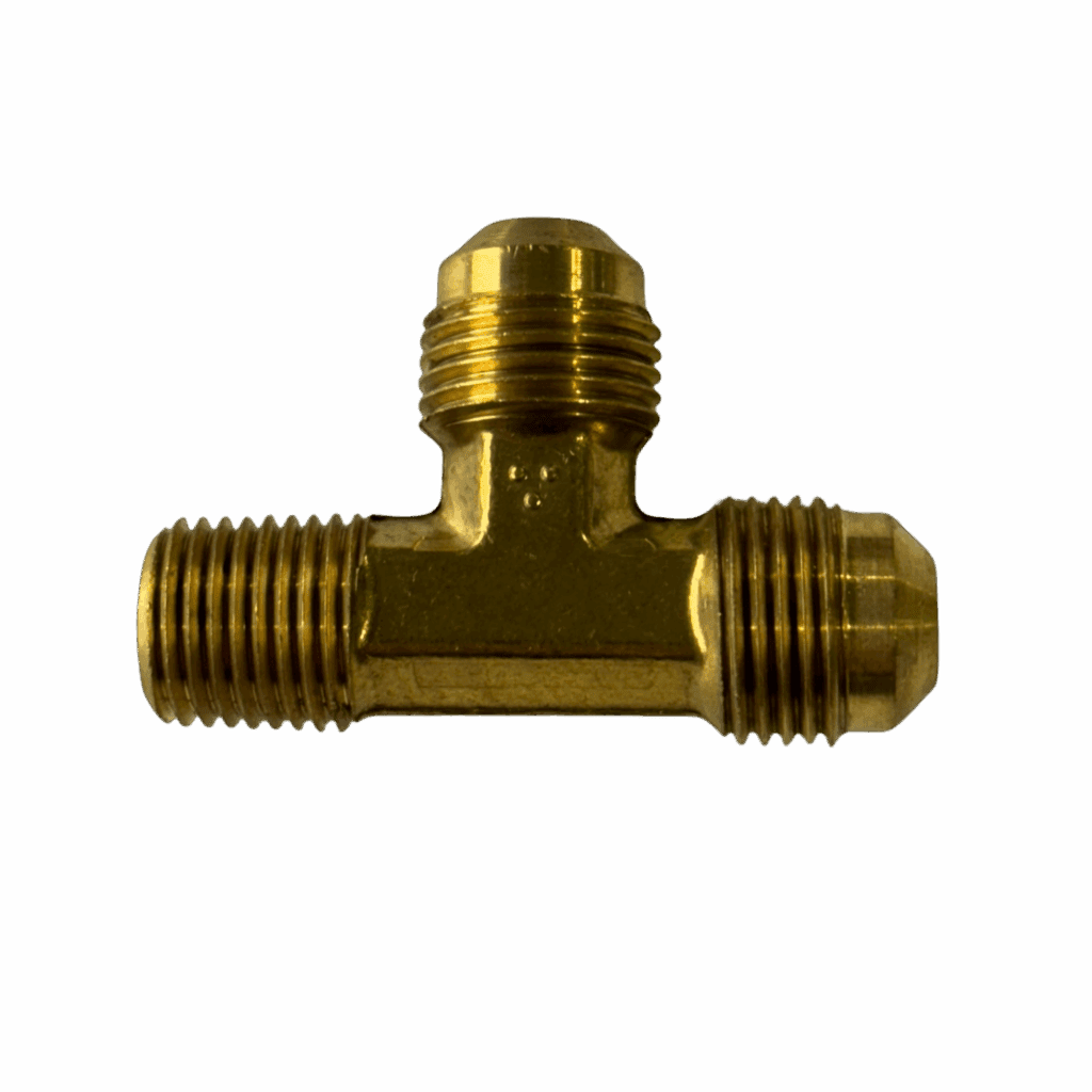 Brass T-shaped pipe fitting with threaded ends.