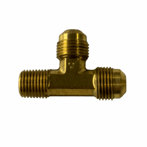 Brass T-shaped pipe fitting with threaded ends.