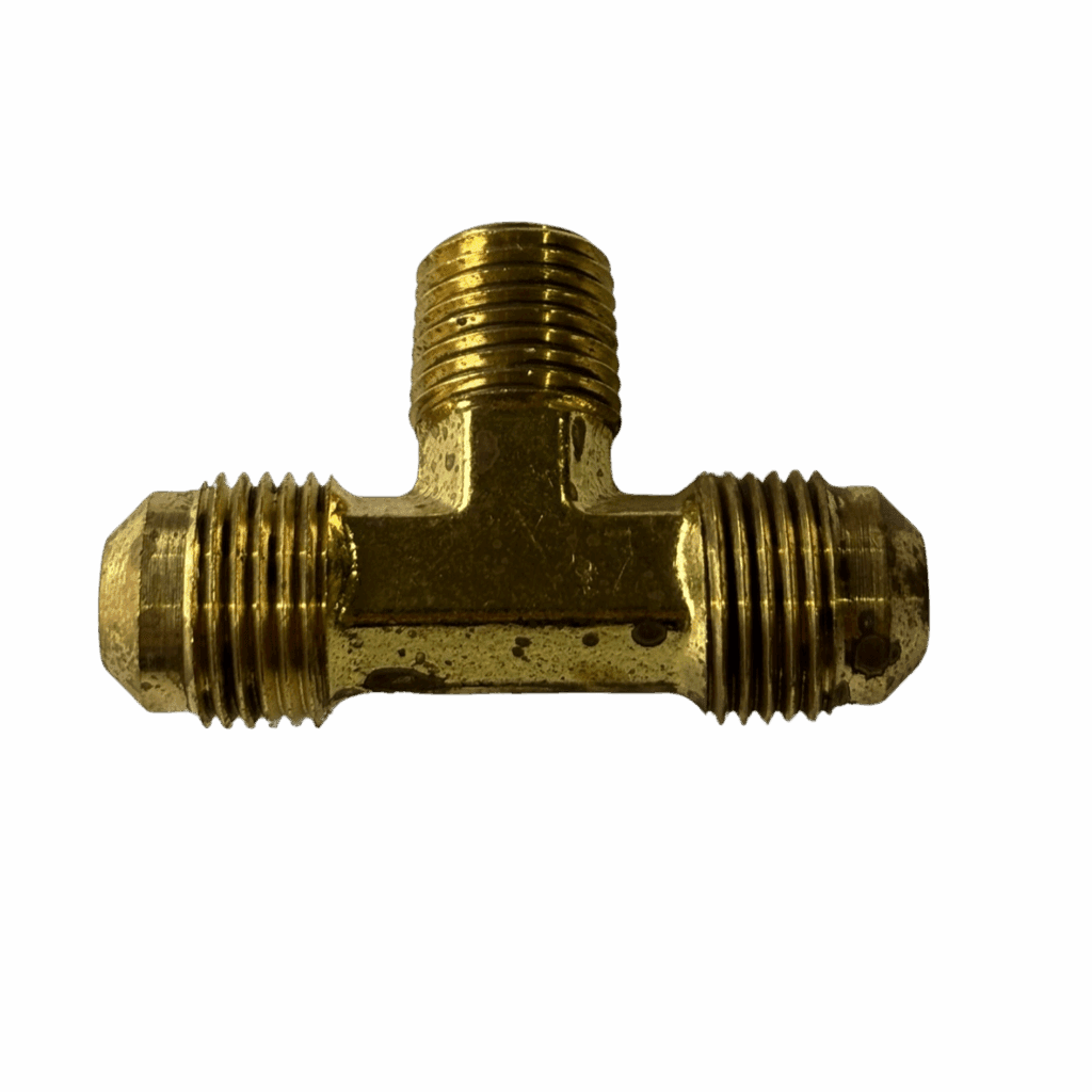 Brass T-shaped pipe fitting with threaded ends for plumbing.