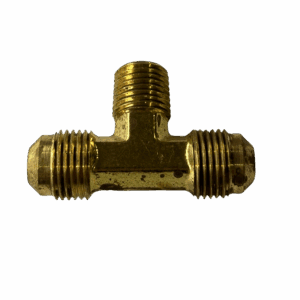 Brass T-shaped pipe fitting with threaded ends for plumbing.